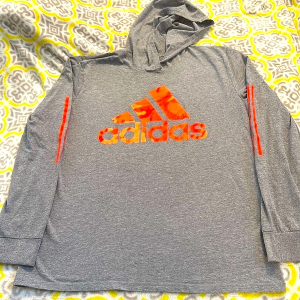 XL adidas hooded long sleeved t-shirt gray & orange kids tshirt with hood